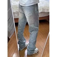 高街vibe破洞补丁微喇牛仔裤男窄版显瘦直筒长裤痞帅裤LA4455-P50，男装牛仔裤，星座1008