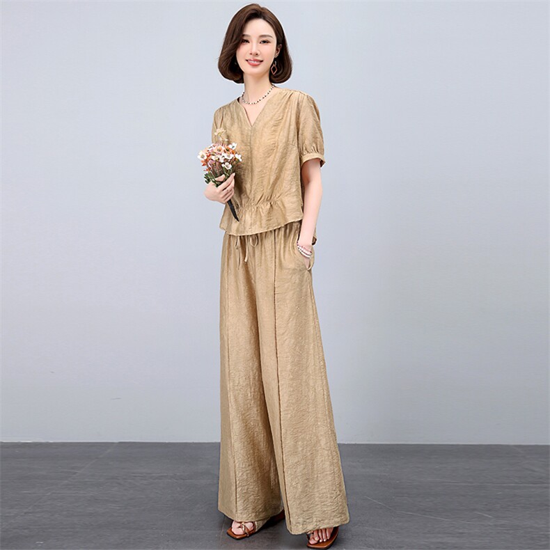 天丝亚麻套装女夏季薄款2026新款妈妈阔腿长裤气质休闲时尚两件套,女装套装/套裙,曼沙奕珂