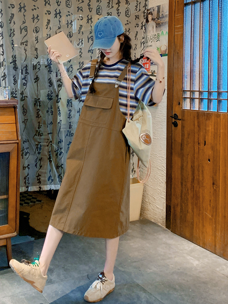 休闲工装背带连衣裙套装女2025夏季新款学院风减龄条纹t恤两件套,女装套装/套裙,浙宝276（原081）