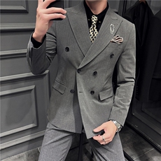 高品质色织暗条纹戗驳领双排扣西服三件套黑色SJT8063-P295，男装西服套装，电商A213