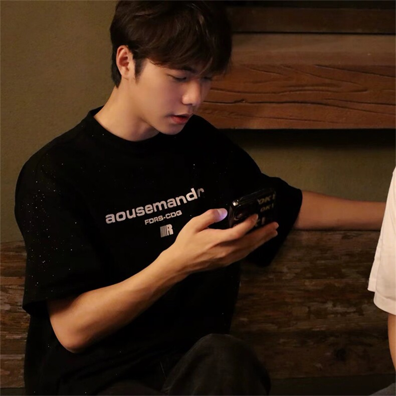 抖音得物供货现货美式潮美式满天星亮片潮牌宽松印花T恤AMTX01，男装T恤，电商A443