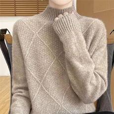 2025秋冬季100%纯羊毛衫女半高领菱形提花毛衣宽松长袖羊绒衫打底，女装针织衫/毛衣，萱芳婷羊绒