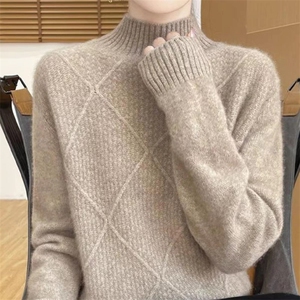 2025秋冬季100%纯羊毛衫女半高领菱形提花毛衣宽松长袖羊绒衫打底图片