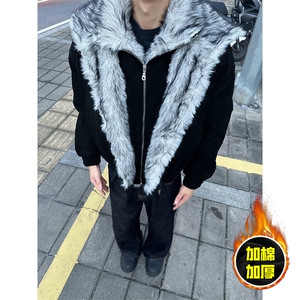 现货高品质美式高街重磅狼王座山雕毛毛领假两件棉衣加厚棉服外套图片