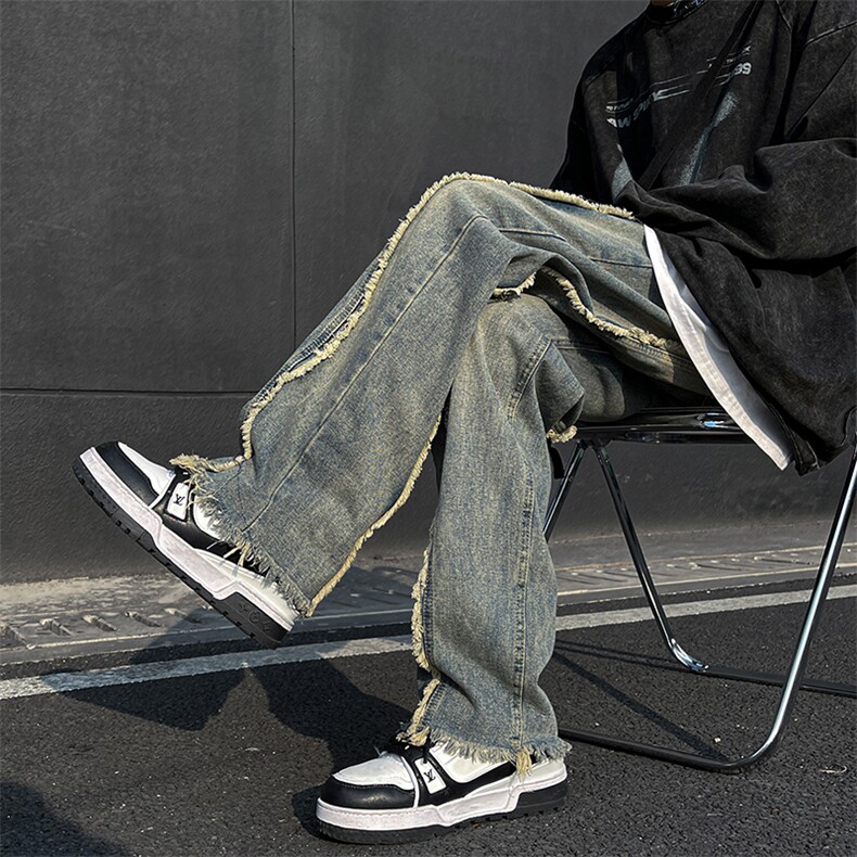 美式ins高街hiphop重工艺水洗毛边牛仔裤货号K712P65图片