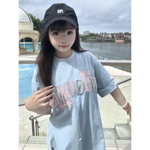H1033-P38原版小香风刺绣+钉珠螺纹领包边拉肩宽松短袖T恤图片