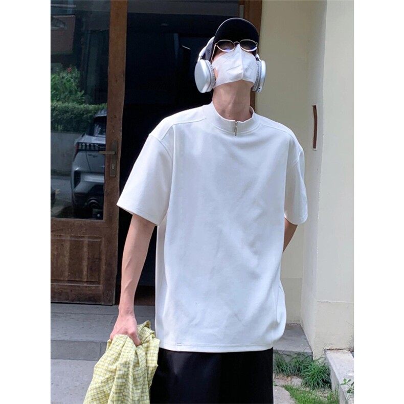 网图有货夏季宽松高级感白色半拉链设计感短袖t恤男A488-P38,男装T恤,星座1505