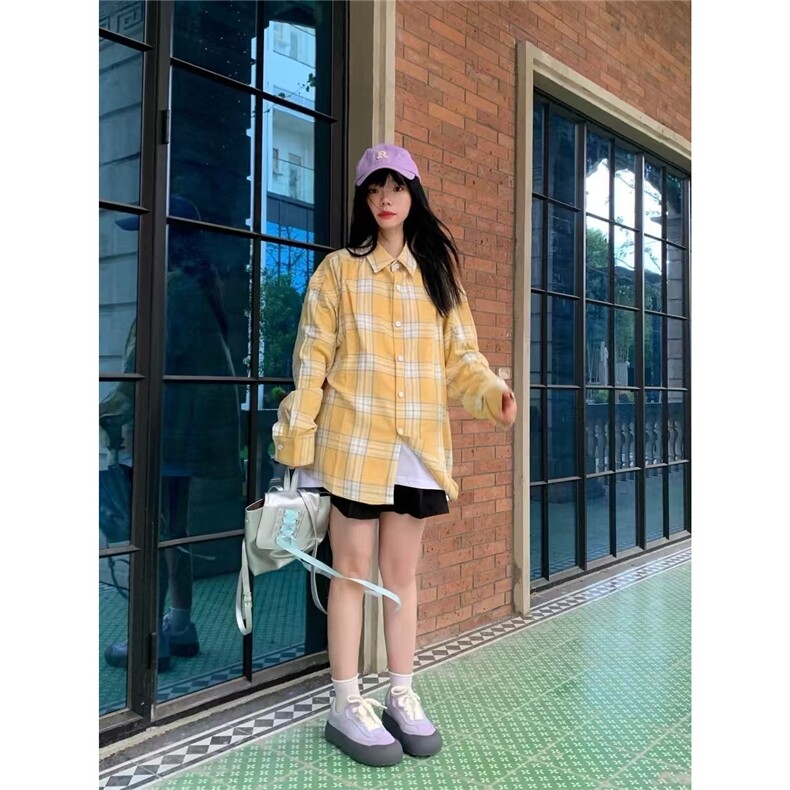 黄色格子polo领长袖衬衫外套女秋季设计感宽松衬衣中长款开衫上衣,男装衬衫,星座1210-1