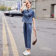 牛仔套装女欧洲站2025夏季新款时尚洋气减龄薄款工装小脚裤两件套，女装套装/套裙，E百度