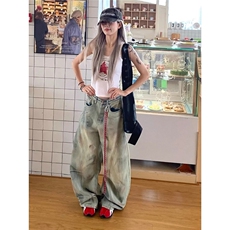秋冬潮牌美式解构阔腿水洗牛仔裤男女复古宽松潮流百搭拖地长裤，男装牛仔裤，星座516A