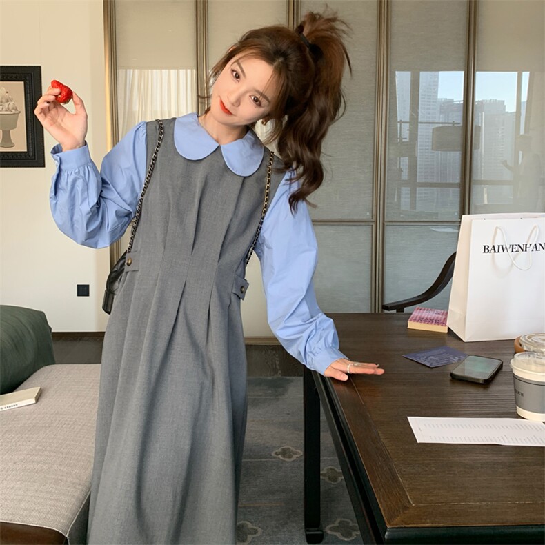 蓝色拼接假两件长袖连衣裙女2026秋季新款8360-135-198，女装连衣裙，帛香坊