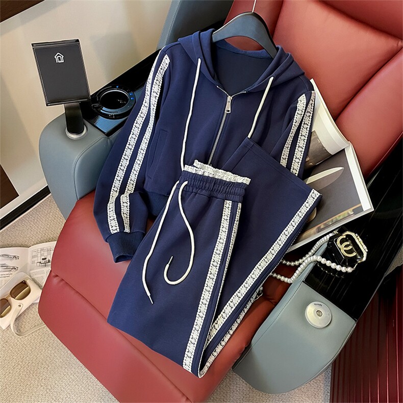 高级感连帽双头拉链卫衣阔腿裤两件套，女装套装/套裙，江南