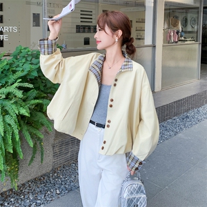 浅黄色格子拼接短款外套女2025年春秋季新款韩版宽松显瘦夹克上衣图片