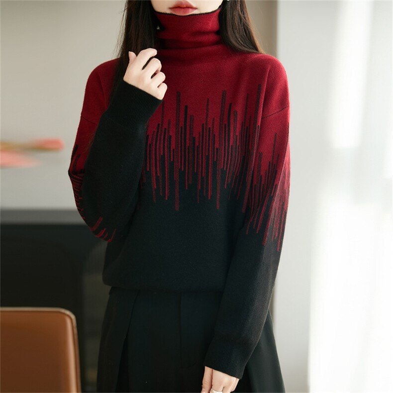 2025年秋季时尚百搭通勤简约拼色堆堆领针织衫，女装针织衫/毛衣，郡淞羊绒