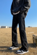 高街牛仔裤黑白色拉链款微喇叭裤715-6-BX08P65（控88），男装牛仔裤，星座715-6