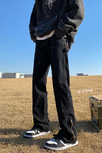 高街牛仔裤黑白色拉链款微喇叭裤715-6-BX08P65（控88）图片