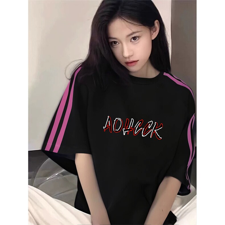 抖音得物品质二开240克宽松纯棉美式潮牌印花三条杠中性风短袖T恤图片