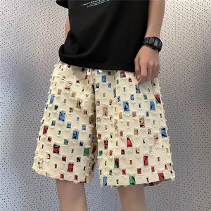 夏季新款韩版男士休闲中裤五分裤时尚潮流破洞补丁设计短裤沙滩裤图片