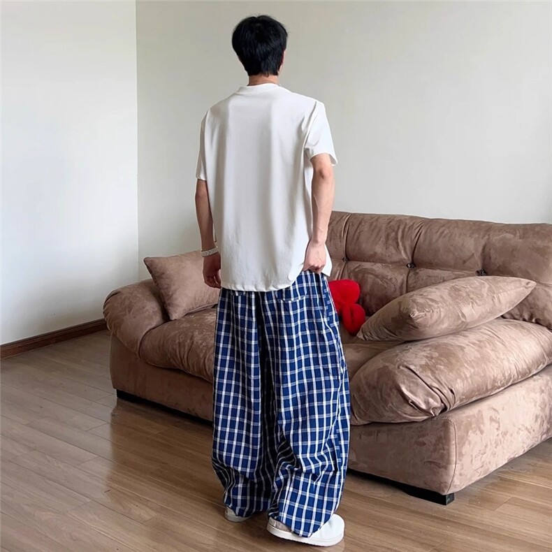 V175-P40格子休闲裤男女宽松直筒阔腿裤美式复古高街薄裤子防蚊,男装休闲裤,星座911-1