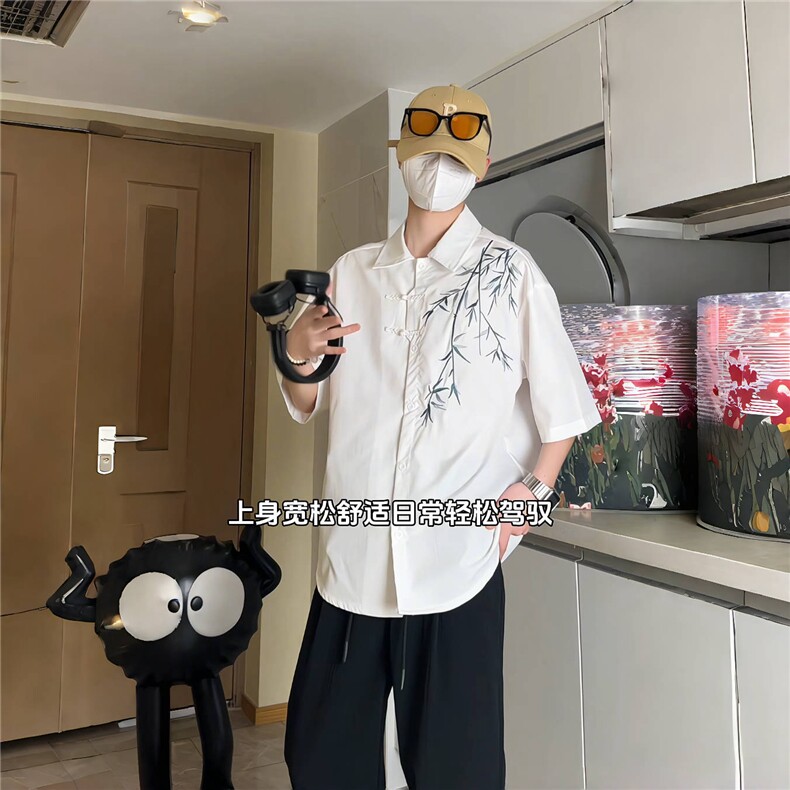新中式男装风刺绣竹子短袖衬衫男款七分袖衬衣1007-H60-特P35,男装衬衫,星座1007（原301D）