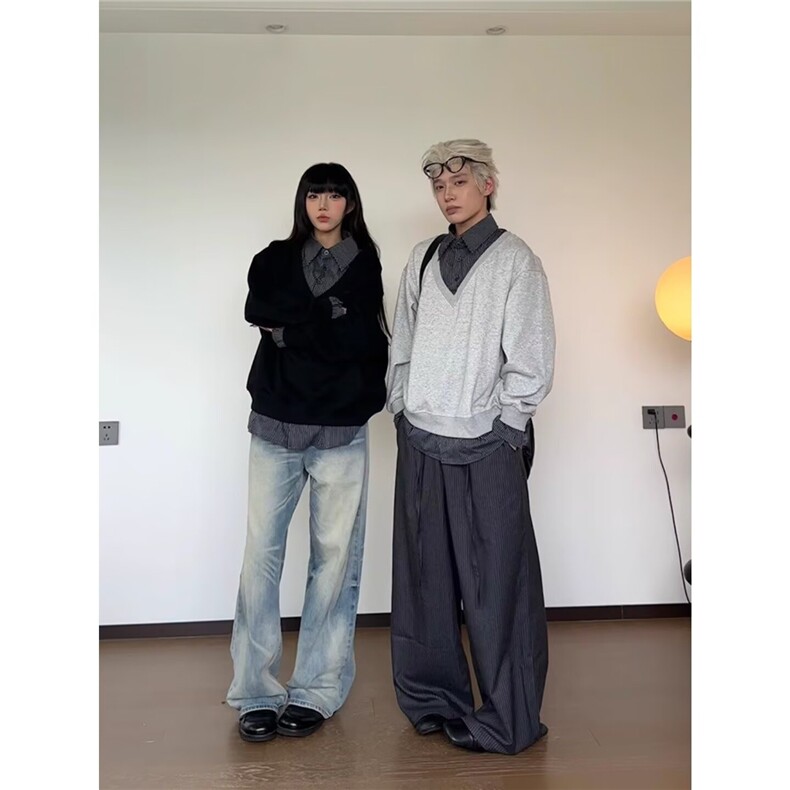 现货网图春秋假两件衬衫领卫衣男条纹拼接长袖外套B22-P50,男装衬衫,星座910-1