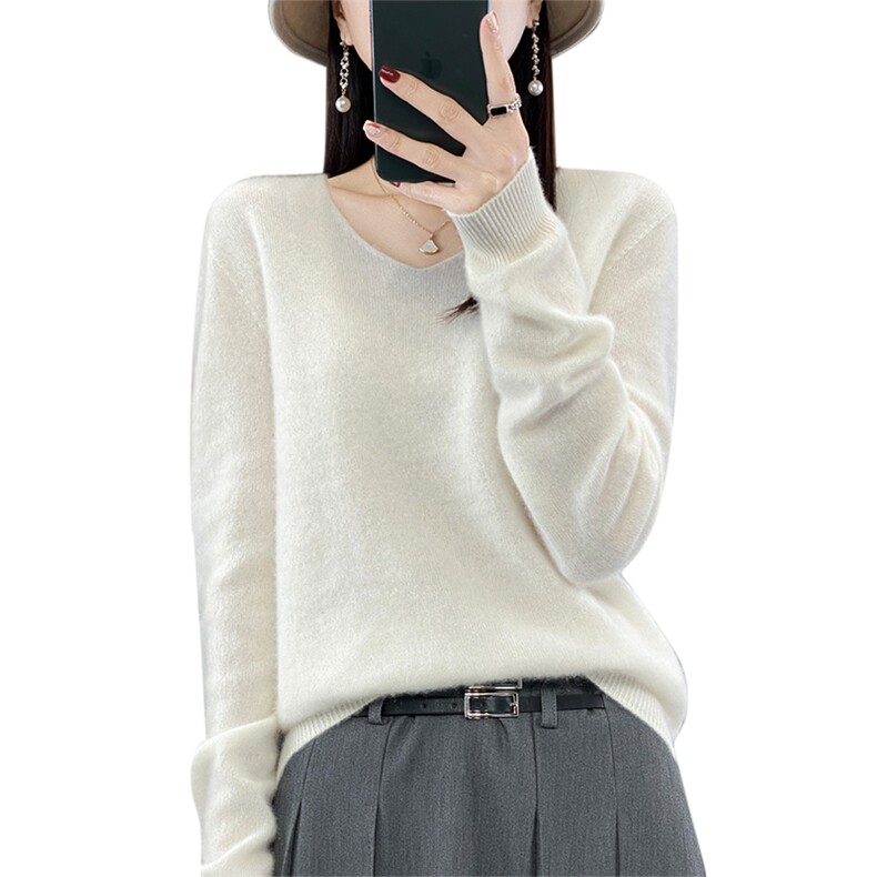 秋季新款羊毛衫女V领毛衣女套头宽松短款外穿,女装羊毛衫,北娇羊绒
