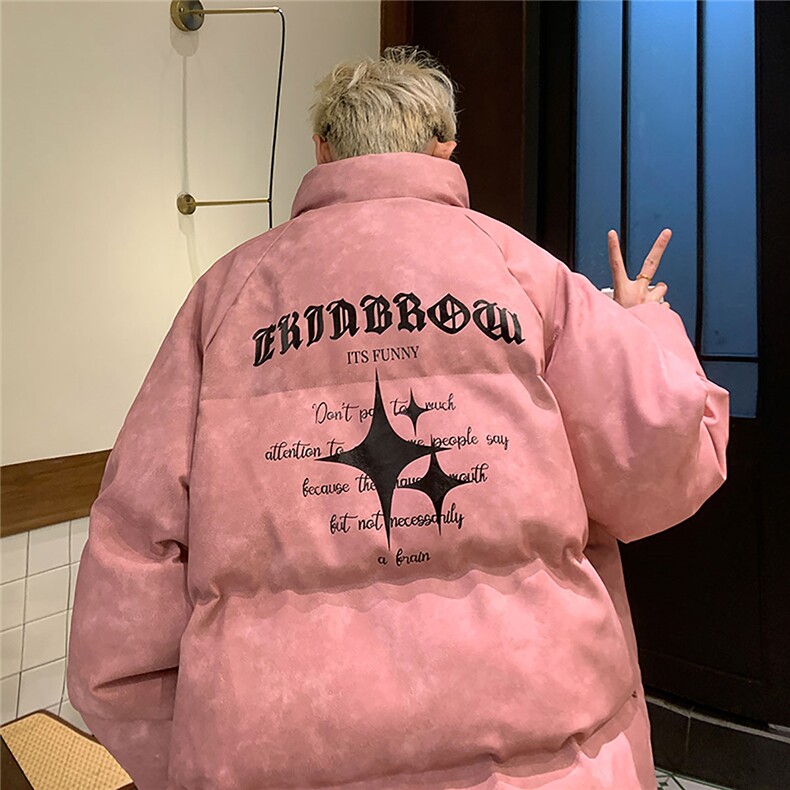 港风PU皮复古做旧可拆卸四芒星胸针设计棉衣男MY77721P128控168，男装棉衣，星座227-7