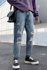 爆款主推2021春夏季牛仔裤男青少年休闲新款港风破洞裤子，男装牛仔裤，星座308B-2
