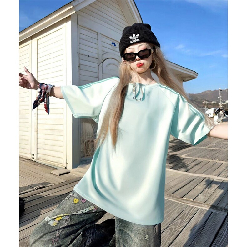 抖音得物品质二开240克宽松纯棉美式潮牌印花三条杠中性风短袖T恤,男装T恤,电商A486