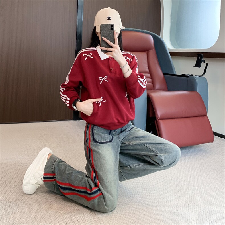 复古撞色polo领卫衣阔腿牛仔裤两件套,女装套装/套裙,江南