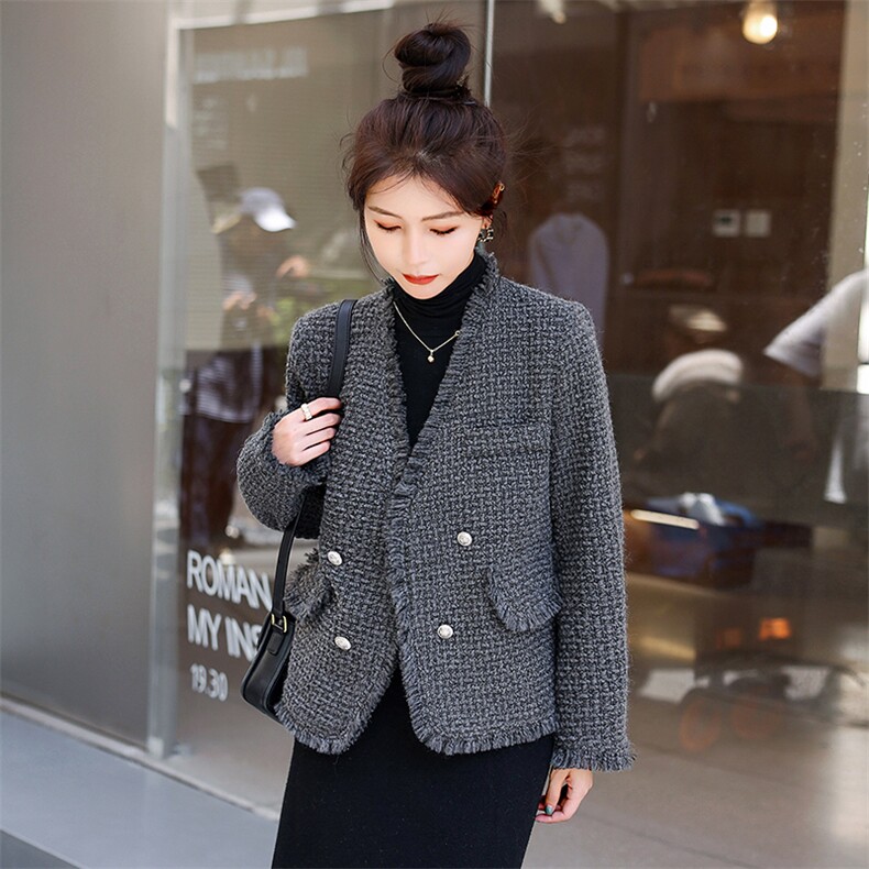 外套女2023秋冬新款小香风高级感炸街灰色名媛v领小个子短款上衣,女装毛呢外套,秋水欣儿