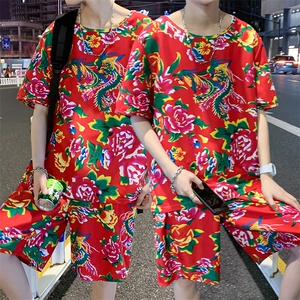 TZ203男女休闲东北大花短袖圆领T恤衫短裤可套装单选团队服风图片