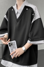 学院衬衫领t恤设计解构假两件短袖条纹拼接七分袖POLO衫DT009P50，男装T恤，电商B312