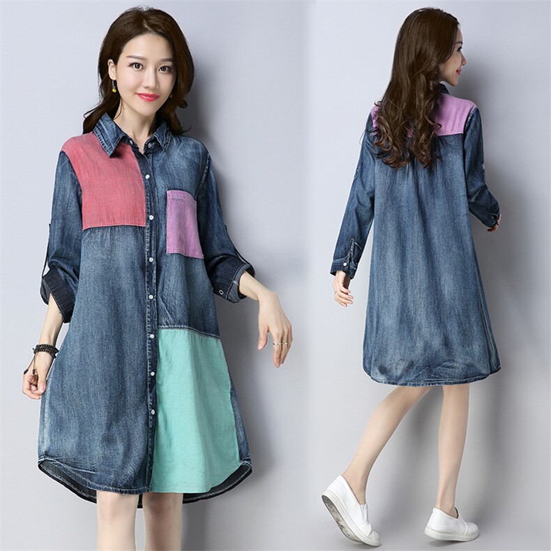 中长款拼接潮流休闲时尚气质宽松衬衫排多扣POLO领2021年春季长袖，女装衬衫，独衣靓