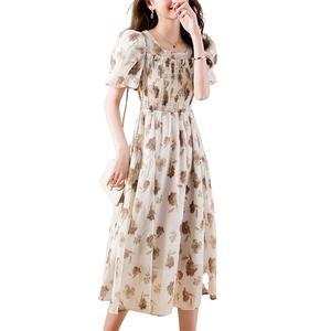 新增色2024夏季新款女装宽松遮肚子显瘦小个子时尚印花减龄连衣裙图片