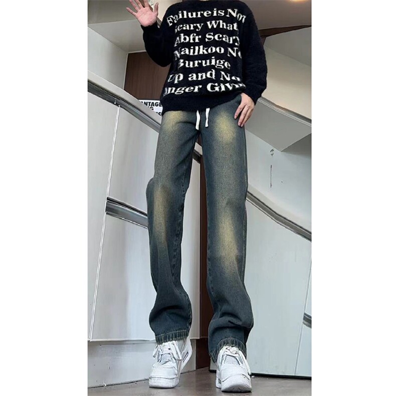 美式ins高街hiphop抽绳松紧腰重工业水洗牛仔裤货号K2330P45控68,男装牛仔裤,电商A063