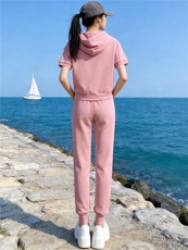 时尚减龄休闲套装女夏季新款粉色连帽短袖卫衣休闲束脚长裤两件套，女装套装/套裙，江南