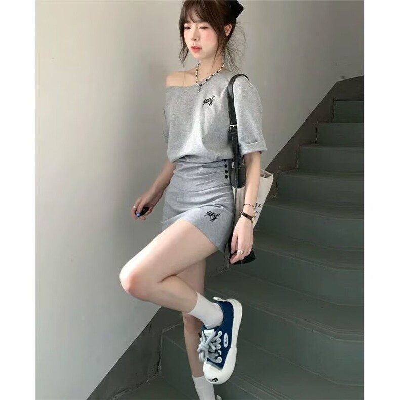 高端定制院风短款斜领露肩灰色短袖T恤女夏季新款高腰显瘦短裙套,男装T恤,星座1210-1