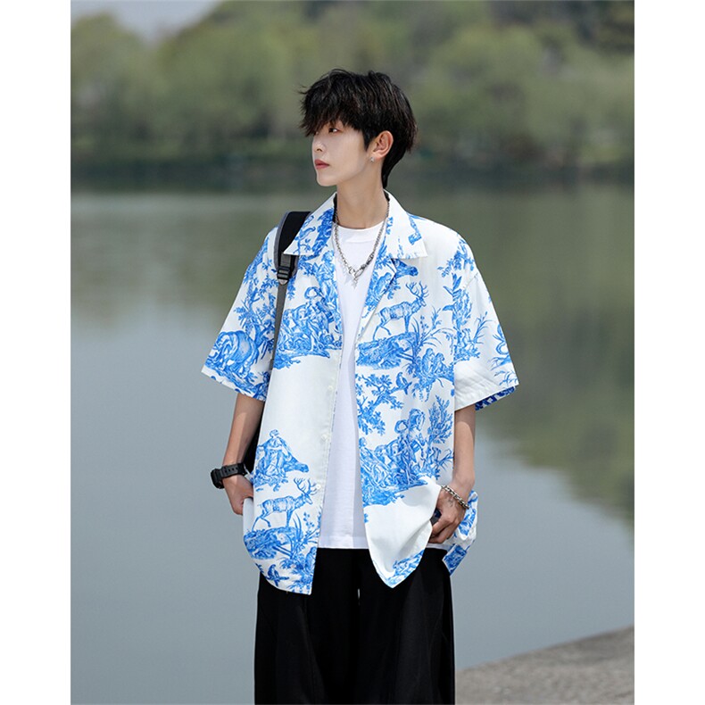 8XL-M天丝亚麻清爽晕染古巴领短袖衬衫男半截袖冰丝衬衣CS525P58,男装T恤,电商D206-1