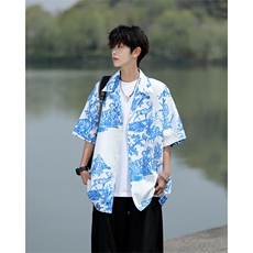 8XL-M天丝亚麻清爽晕染古巴领短袖衬衫男半截袖冰丝衬衣CS525P58，男装T恤，电商D206-1