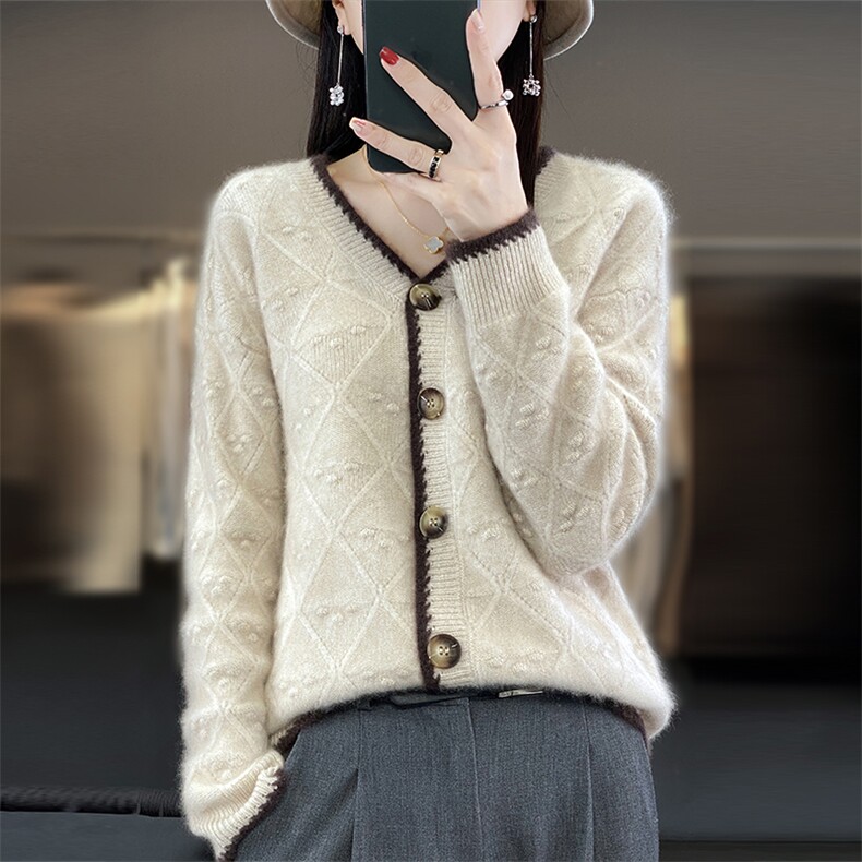 25秋冬100%羊毛开衫女V领菱形提花长袖外套宽松撞色羊绒针织毛衣,女装羊毛衫,隆格羊绒