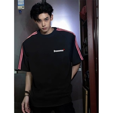 抖音得物品质二开240克宽松纯棉美式潮牌印花三条杠中性风短袖T恤，男装T恤，电商A486-1