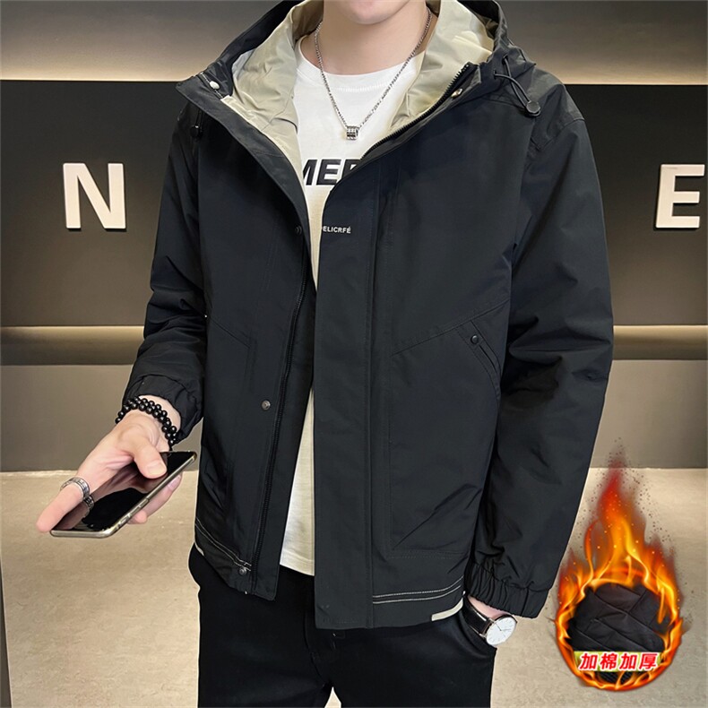 加棉加厚男士外套连帽帅气工装青年夹克百搭时尚潮流上衣，男装夹克，电商A225