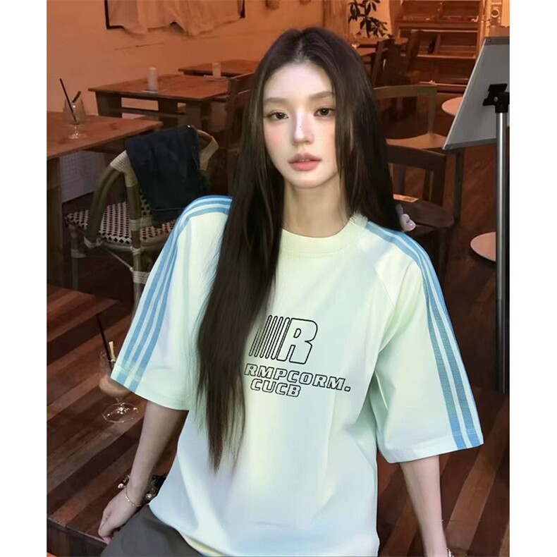 抖音得物品质二开240克宽松纯棉美式潮牌印花三条杠中性风短袖T恤,男装T恤,电商A486-1