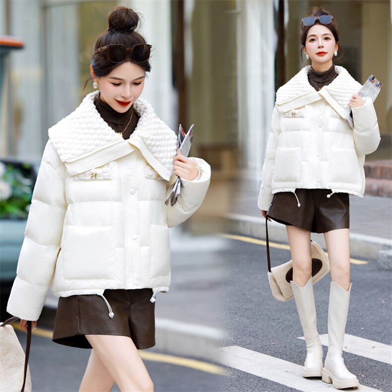 短款羽绒服女2023冬新款小个子高级感炸街小香风设计感大翻领外套,女装羽绒服,雅静靓衣