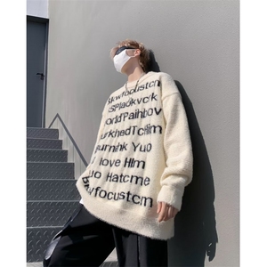 新款美式潮牌复古字母毛衣秋冬款慵懒风青少年百搭圆领针织衫图片