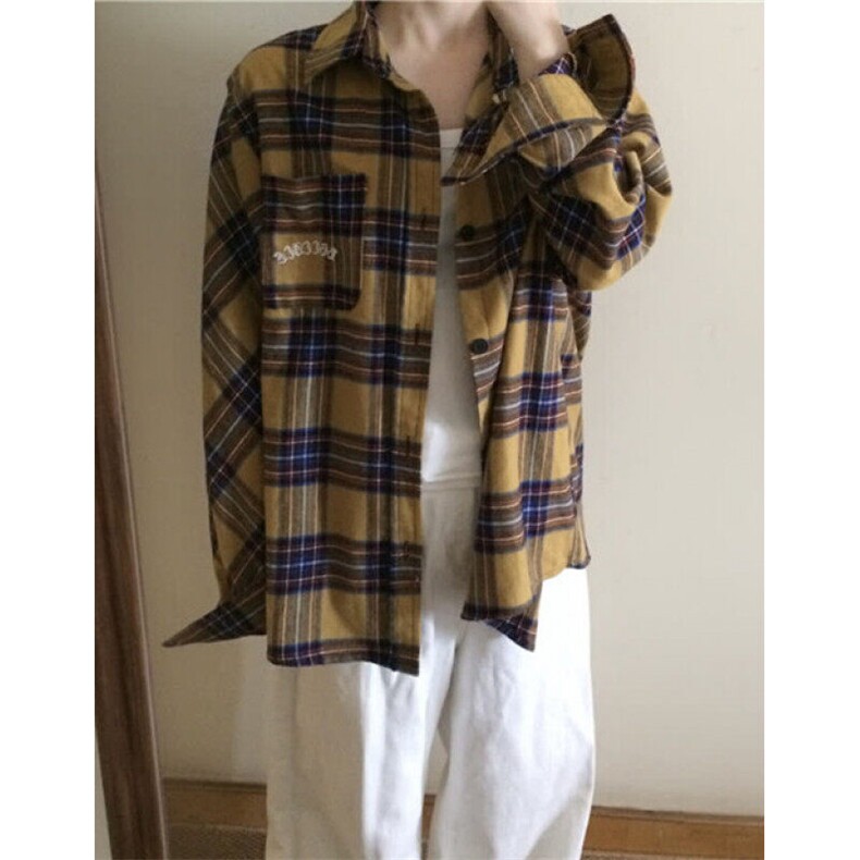 潮牌美式刺绣格纹长袖衬衫男女春季街头宽松休闲衬衣C3388，男装衬衫，星座1116A（原606A-3）