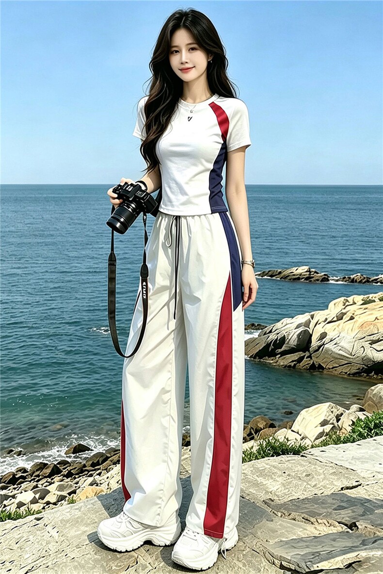 潮流时尚休闲运动套装女夏季新款显瘦竖纹圆领短袖上衣长裤两件套,女装套装/套裙,江南