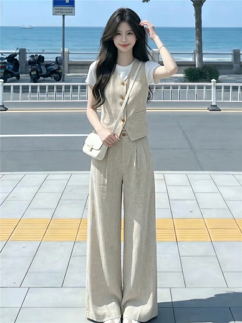 韩版休闲运动套装女款圆领纽扣马甲上衣内搭白色T恤阔腿裤三件套,女装套装/套裙,江南