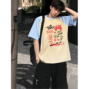 抖音得物高品质二开240克宽松纯棉美式潮牌插肩袖拼接短袖T恤图片